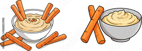 Hummus dip with carrot sticks in bowls