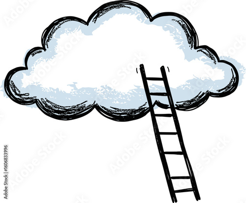 Cloud illustration with ladder in hand-drawn style and blue accents  