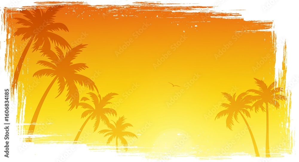 Fototapeta premium Summer background featuring palm trees, bright sun, and white brush strokes for seasonal graphic design. 