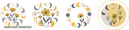 Floral moon phases illustration with yellow flowers and gray accents  