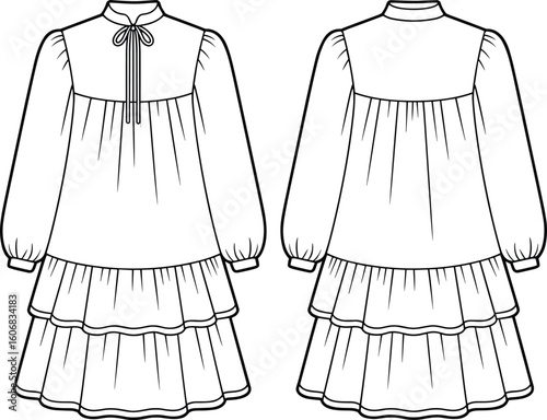 Cad drawing flat vector illustration of tiered dress template with long sleeves, ruffled skirt, high neckline bow, front back views