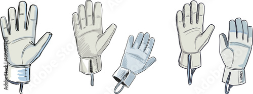 Various styles of work gloves illustrated in different positions  