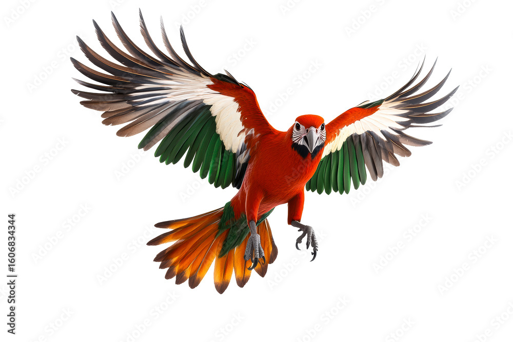 Fototapeta premium Bright red macaw parrot soaring, wings wide open, vibrant plumage, cut out transparent