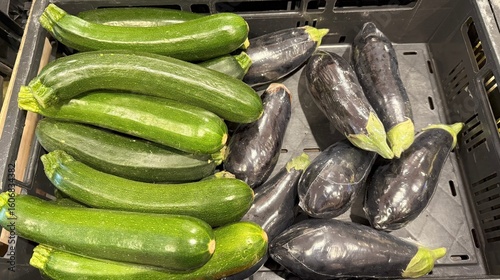 zucchini and aubergins on a store counter
