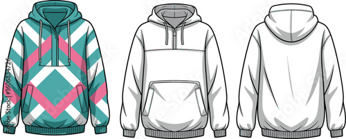 Modern hoodie flat vector illustration, CAD fashion sketch, trendy geometric design, front and back view, stylish apparel concept art