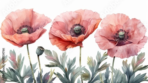 Three watercolor-style pink poppies with grey-green leaves and bud isolated on a white background