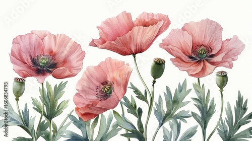 Pink poppies, green leaves. Soft watercolor effect on a white backdrop. Delicate and floral
