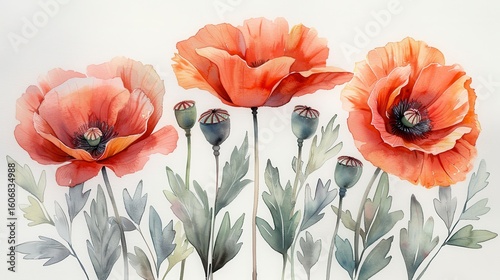 Watercolor poppies three orange blooms and poppy seed pods on tall stems against a white backdrop