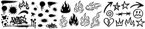 Abstract Tattoo Stroke Icon Collection. Containing Flames, Stars, Hearts, Crowns, and More. Editable Outline Icon Set.