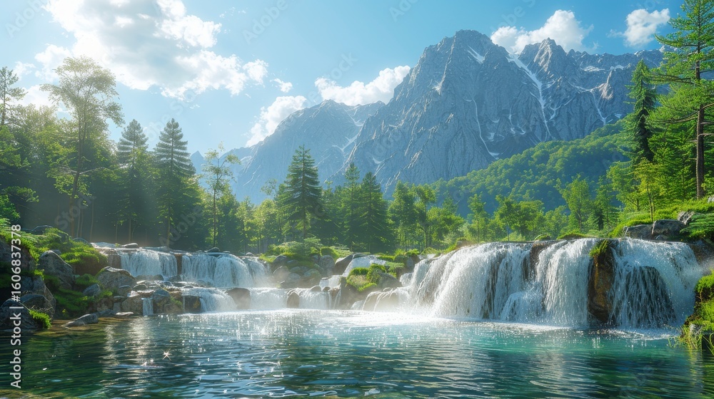Fototapeta premium Mountain lake cascades into clear water, surrounded by lush trees and a scenic, sunny mountain range