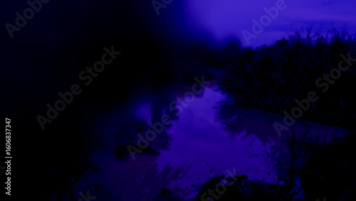 Abstract Background, Agriculture and Livestock Canal, Gradient Blue Black Light Blur, Asian Country, River, Water, Nature, Landscape, Stream, Lake, Tree, Green, Summer, Grass, Forest, Sky, Reflection,
