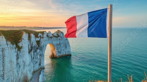 Flag France displayed against dramatic backdrop of Г‰tretat's spectacular rock arch and azure ocean during evening golden hour