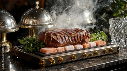 Gourmet carving station presentation featuring grilled tomahawk steak on Himalayan salt with dramatic smoke, luxury gold dome warmers and elegant crystal glasses