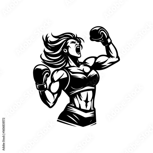 Vector Illustration of a Muscular Female Boxer Celebrating Victory with Raised Arms.