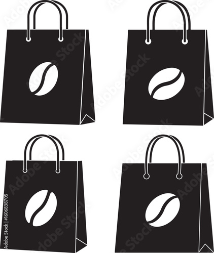 Four black shopping bags with coffee bean logo silhouette