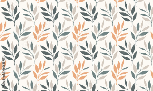 Minimalist seamless pattern with modern leaf sprigs, Scandinavian style botanical vector background in neutral earth tones