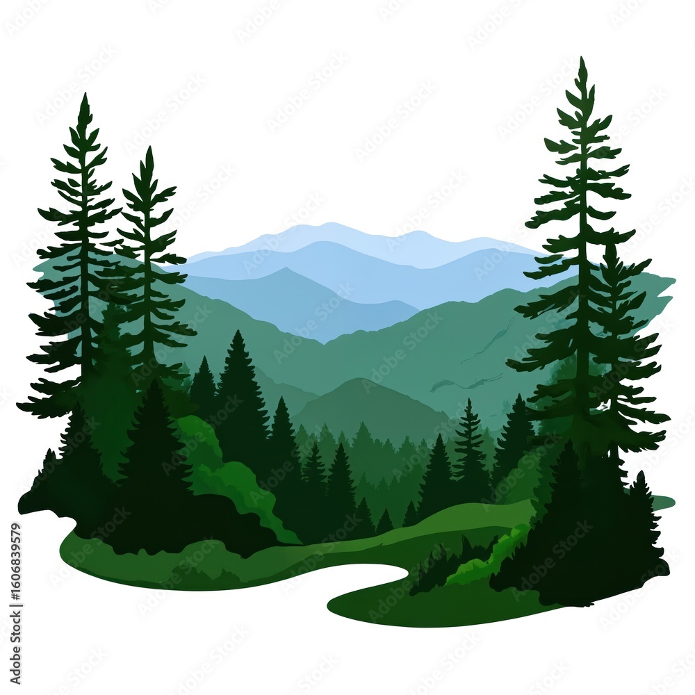 Fototapeta premium Tranquil forest landscape with winding path, trees, bushes, gray rocks, light blue sky, white clouds. Serene and peaceful scenery, inviting exploration, rustic, wilderness, outdoors.