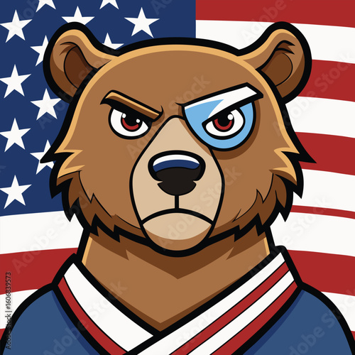 Grizzly bear with american flag eyepatch and scars