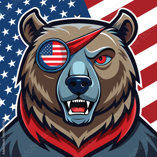 Patriotic grizzly bear with american flag eyepatch and scars