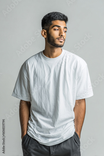 A beautiful male model wearing a large white t-shirt. A product shot for fashion and apparel. best use for mockup.