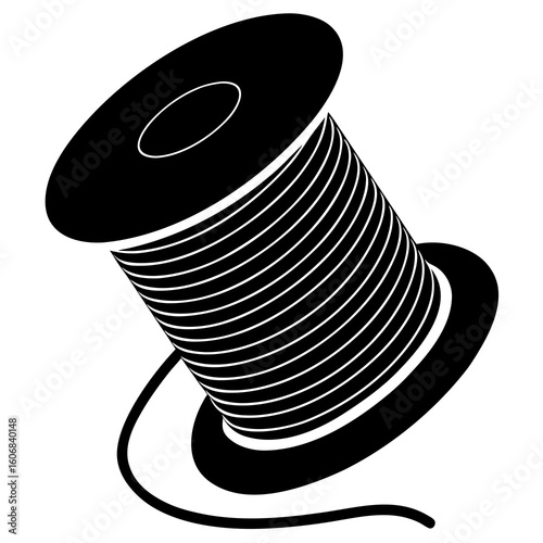 A stark, minimalist, black silhouette of a spool of thread.
