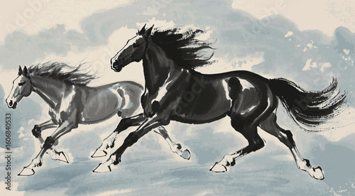 Running Free Two black horses is running isolated watercolor vector illustration svg