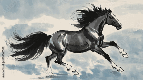 Charge of Color A black horses is running isolated watercolor vector illustration svg