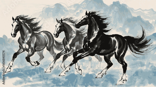 Wild Flow Three black horses is running isolated watercolor vector illustration svg