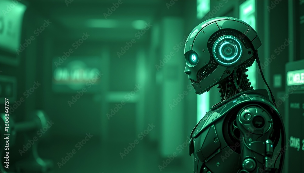 Fototapeta premium Futuristic humanoid robot, standing in a hallway, looks ahead with a focus