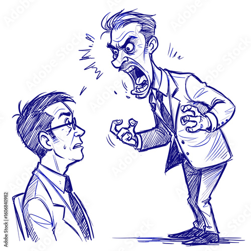 Blue ballpoint pen doodle boss yelling at employee in office, hand-drawn sketch vector illustration 