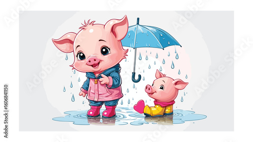 Cute Piglets in Rainy Weather with Umbrella: Cartoon Vector Illustration for Kids, Perfect for Spring, Nature, and Animal Themes.