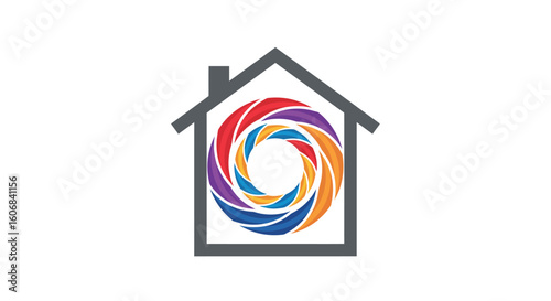 Colorful spiral inside house icon reflecting creativity and unity