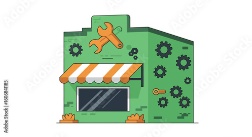 Charming repair shop building with green facade and mechanical accents