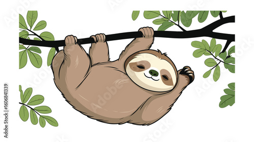 Cute Cartoon Sloth Hanging From Branch with Leaves, Smiling Face, Peaceful, Vector Illustration for Children and Designs