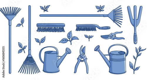 Monochrome gardening tools and plants: rake, watering can, shears, and leaves design