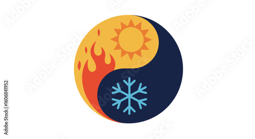 Yin yang with sun and snowflake symbolizing balance of fire and ice