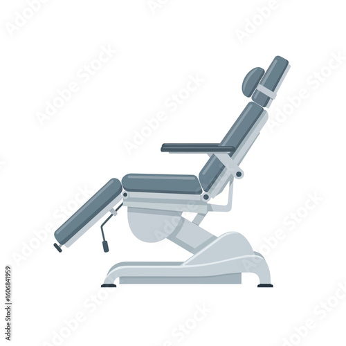 A grey examination chair with adjustable headrest, armrests, and footrest, shown in a side view against a white background.
