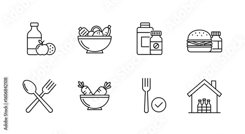 Essential Food Icons: A collection of minimalist black and white icons representing various food items and dietary elements.