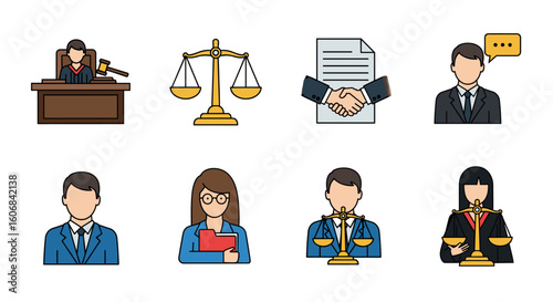 Legal icons and justice concepts: A collection of vector illustrations, featuring a judge, scales of justice, and other legal symbols, represent the fairness of justice in a variety of legal contexts.