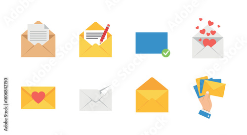 Envelopes and Digital Message Icons: A collection of diverse open and closed envelope icons and digital message illustrations, ideal for illustrating a variety of messages and content. 