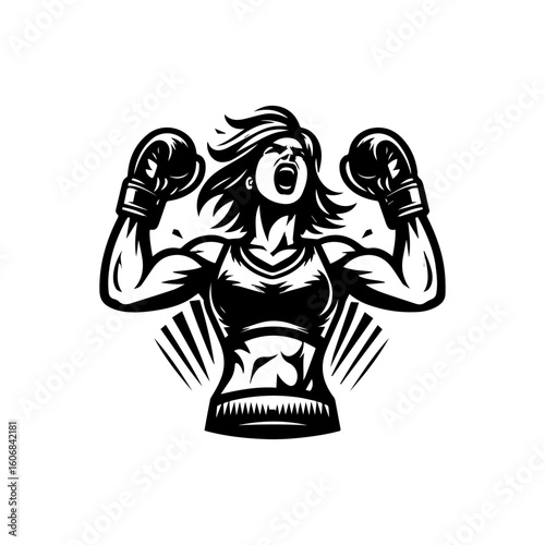 Monochrome Vector Illustration of a Female Boxer with Raised Arms and Open Mouth.
