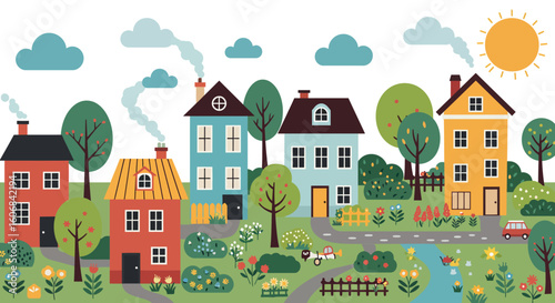 Charming flat style village scene with colorful houses and gardens