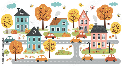 Autumn village scene with cute cartoon houses and colorful falling leaves