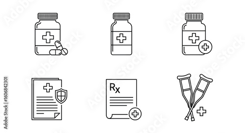 Essential Medical Icons Set: A collection of crisp, monochromatic line art icons representing crucial medical elements, including pills, prescriptions, and assistive devices.