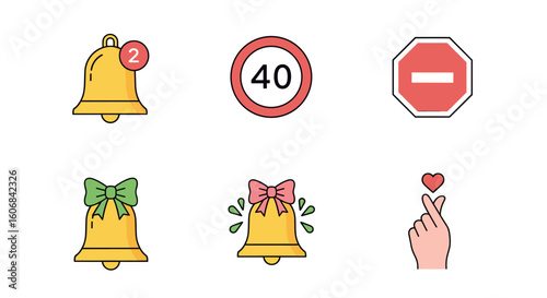 Alert and Guidance: A vibrant collection of symbols, each thoughtfully designed, including notification bells and traffic signs, communicating warnings, information, and heartfelt messages