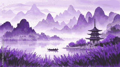 Nature’s Essence Purple mist mountain view isolated watercolor vector illustration svg