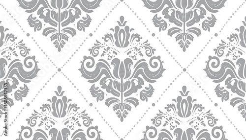 Elegant repeating pattern of gray floral damask on white background