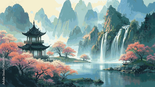 Luminous Vista Ancient Chinese Pavilion Landscape isolated watercolor vector illustration svg