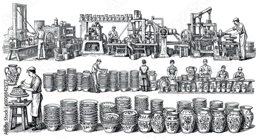 Detailed vintage engraving of ceramic pottery production process