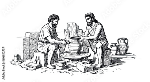 Ancient pottery craftsmanship: two artisans sculpting clay vessels in a workshop setting